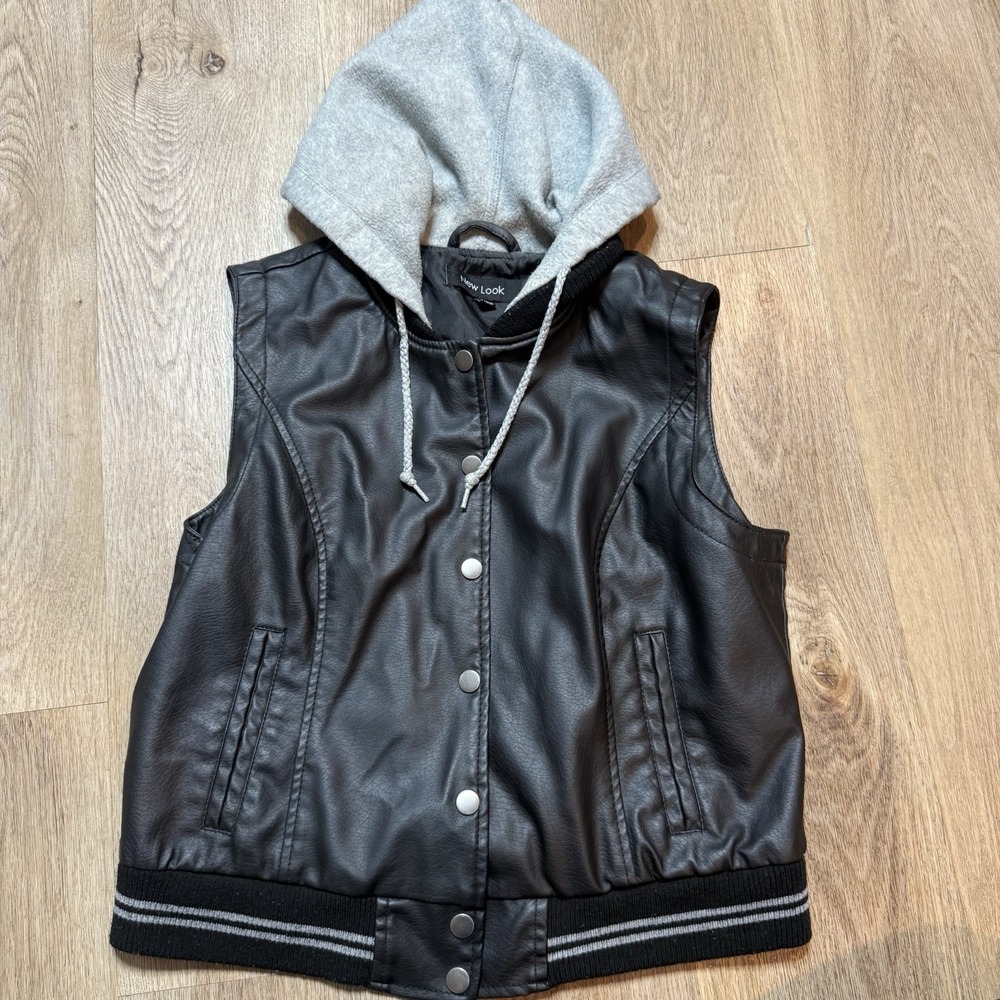 New Look Black Motorcycle Biker Vest Womens Size L Faux Leather Jacket Zips